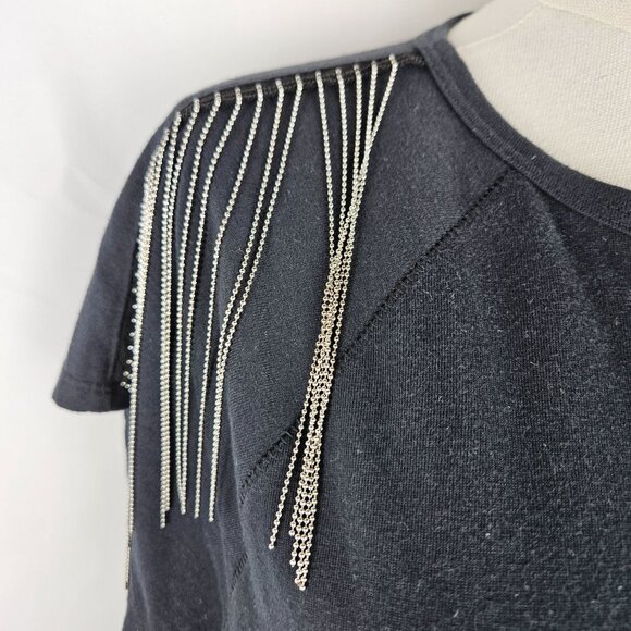 Rebecca Minkoff Black Knit Top Large Silver Bead Fringe Short Sleeves Designer - Picture 3 of 9